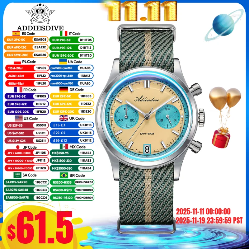 ADDIESDIVE 2025 Jam Tangan Baru untuk Pria 316L Kaca Cermin Gelembung Baja BGW9 Jam Tangan Chronograph Kuarsa Menyelam 100M Super Bercahaya VK64