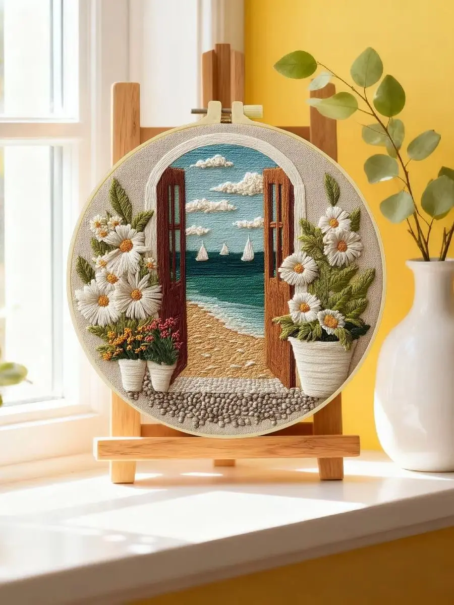 1 Stück 20X20CM/15X15CM 7,87/6,3 Zoll Der Meerblick vor der Tür Stickerei Starter-Kit DIY-Kit DIY-Stickerei-Set Handarbeiten – Detail 6