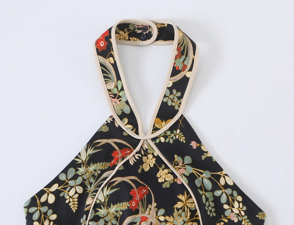 Elegantes Damenkleid mit Neckholder-Ausschnitt, ärmellos, mit Blumenmuster, Midi-Länge, chinesischer Stil, figurbetontes Kleid, modisches, sexy, rückenfreies Damenoutfit. – Detail 4