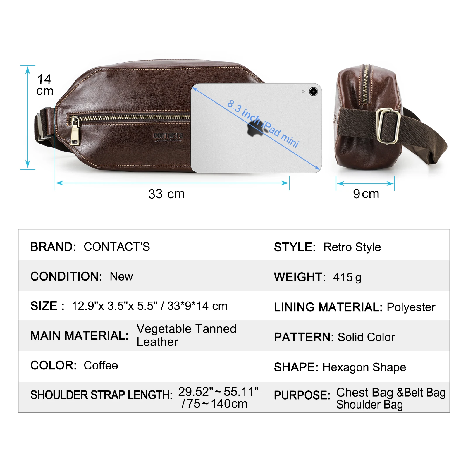 CONTACT\'S Genuine Leather Men Waist Bags Vintage Chest Bag Fanny Bags Croosbody Bags Men Travel Waist Packs for 8.3\