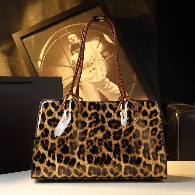 Genuine Leather Women's Bag Styling All-match 2025 New Woven Handle Mom Tote Handbag Large Capacity Leopard Shoulder Bags