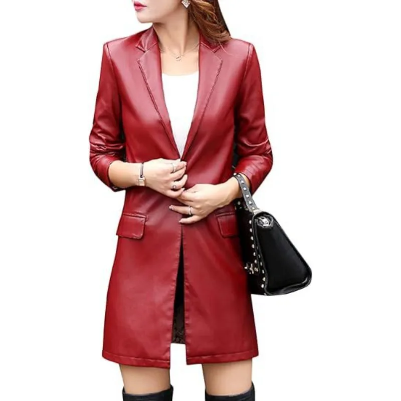 Spring Autumn New Women Leather Jackets One Button Design on The Front Placket Lapels Coat PU Mid-Length Windbreaker Slim Casual