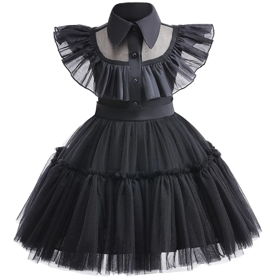 Infant Girl Role Play Wednesday Addams Dress Halloween Performance Kids Cosplay Masquerade Ruffle Style Tulle Party Baby Clothes