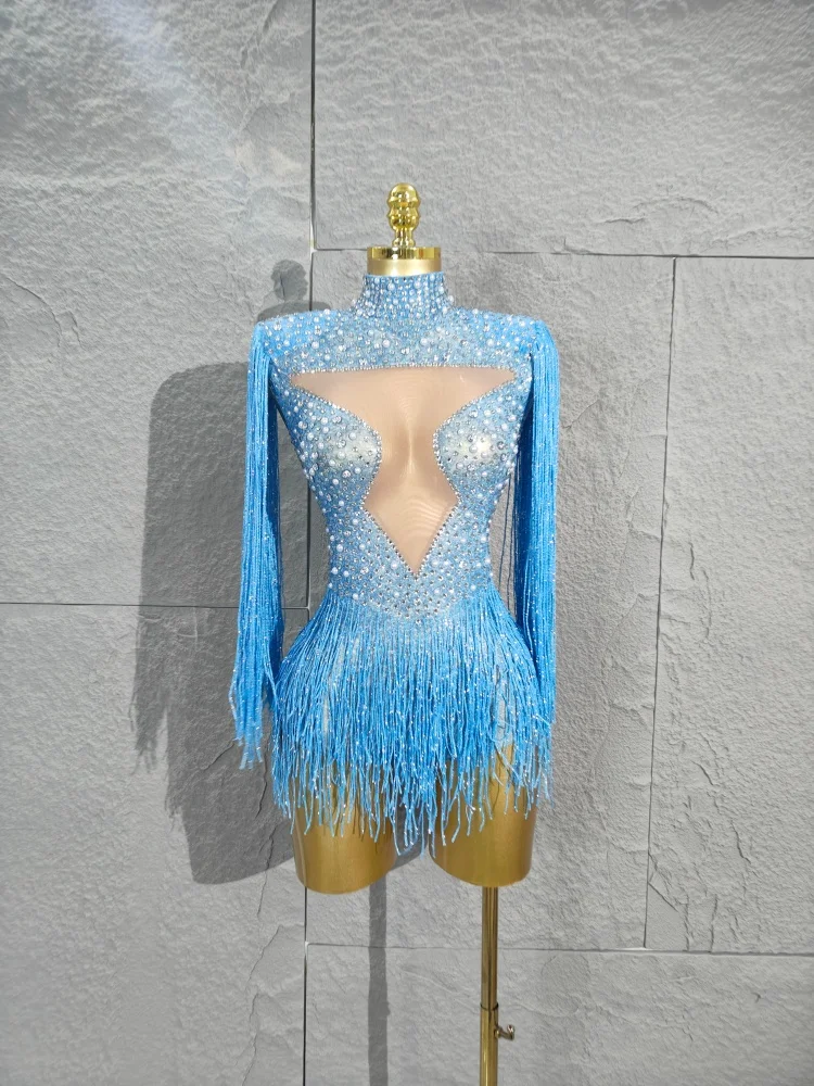 Blue Tight Bodysuit Sexy Women Mesh Transparent Sparkly Rhinestones Tassel Dance Performance Stage Costume Bar Nightclub Wear