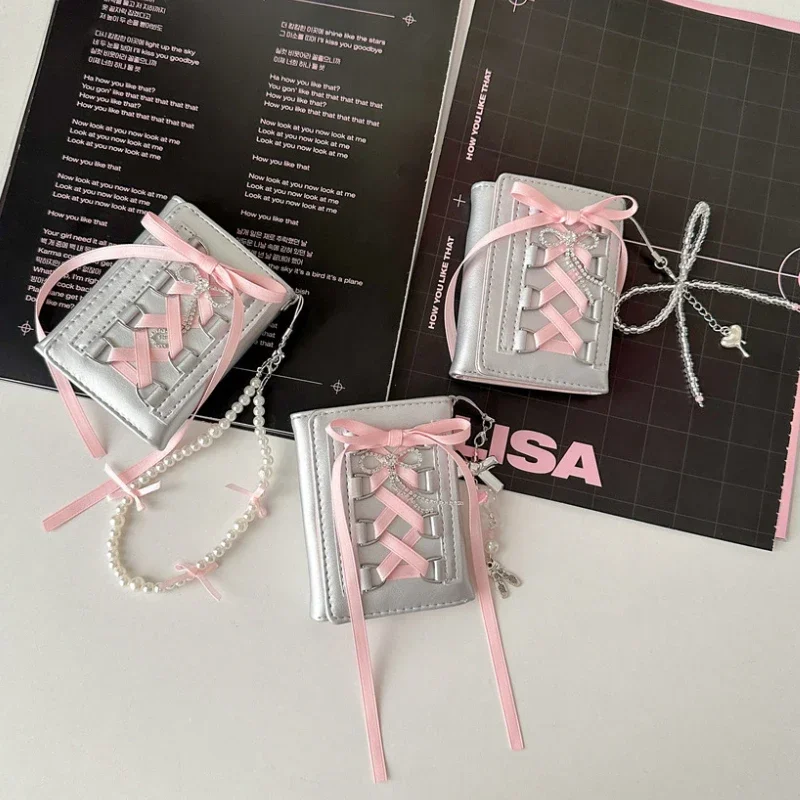 Y2k Strap-on Designer Zilver Zoete Portefeuilles voor Vrouwen Originele Mode Korte Portemonnee Koreaanse Stijl Casual Nieuwe Leuke Portemonnee Portemonnee
