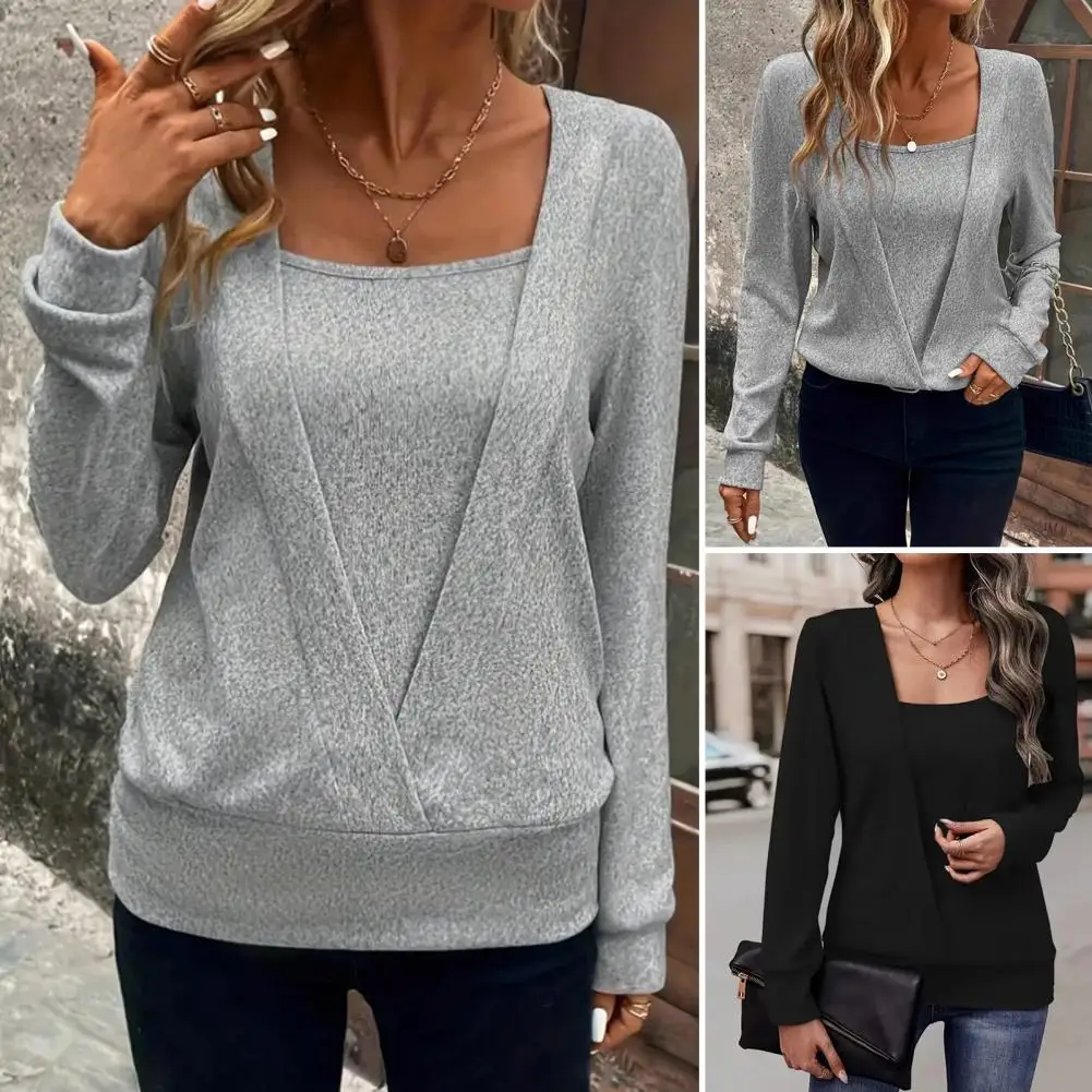 

Женская осенняя блузка с квадратным воротником и длинным рукавом, блузка с искусственным дизайном из двух предметов, свободный крой, пуловер, топы для женщин, сплошной цвет