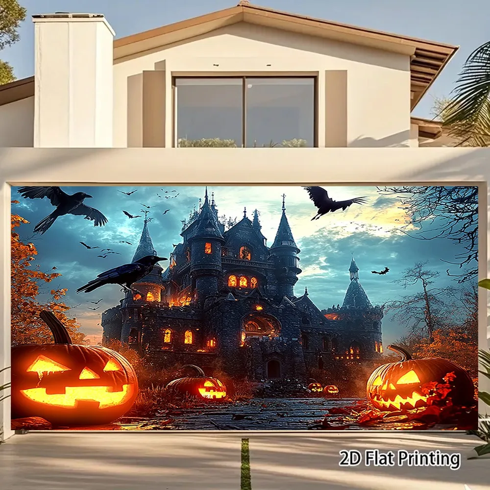 2D Flat, 1pc Halloween Pumpkin Lantern & Crow Banner - Spooky Castle Scene with Glowing Jack-O'-Lanterns, Bats, and Haunted Hous
