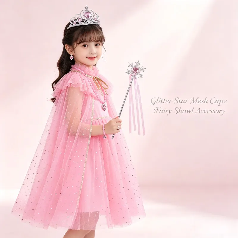 Sparkle Tulle Princess Cloak Glitter Star Mesh Cape Sheer Fairy Shawl Birthday Party Photo Prop Soft Decor Wrap Accessory Gift