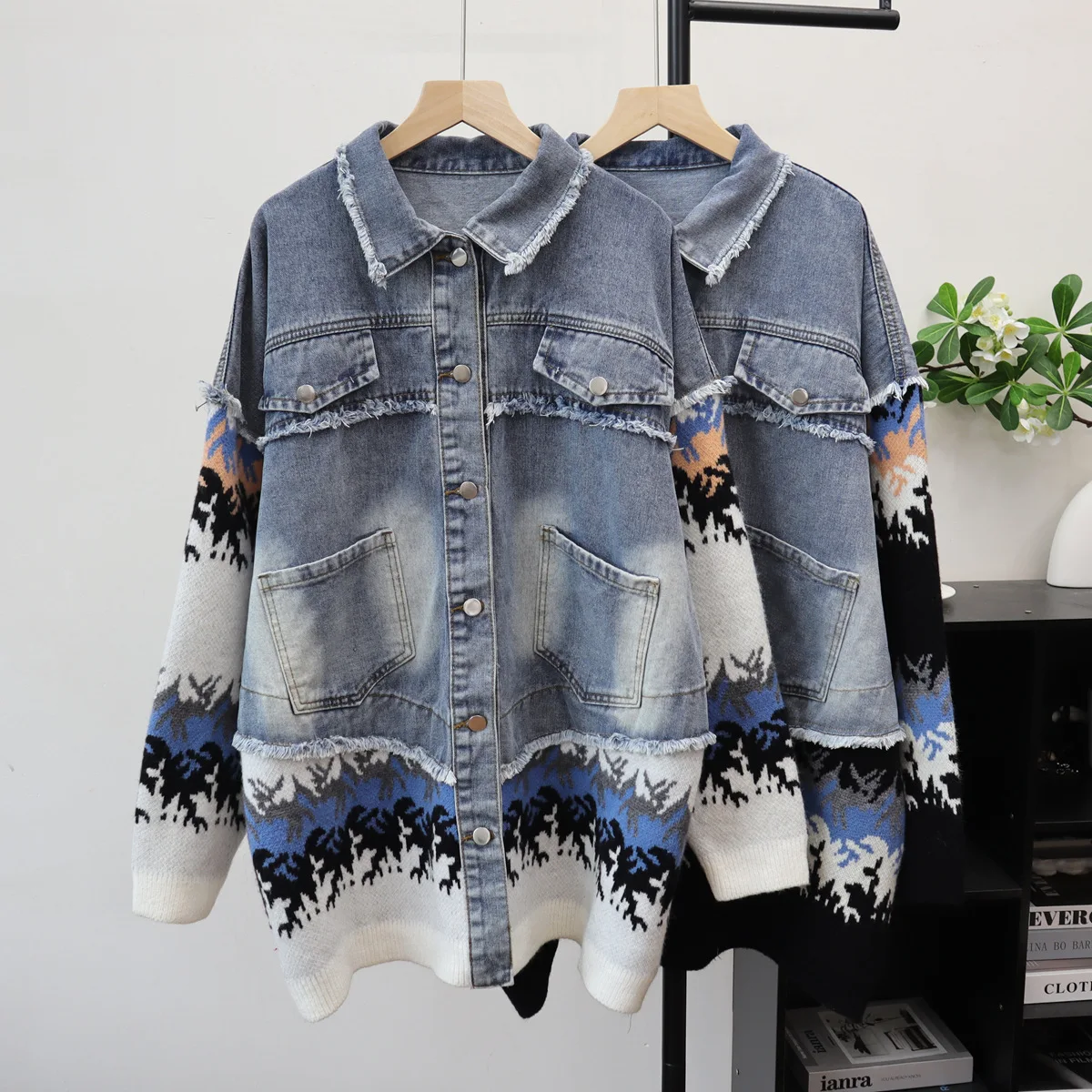 

Women Spliced Denim Cardigan Sweaters Knitted Patchwork Jumpers Turn Down Collar Long Sleeves Loose Casual Autumn Winter 2025