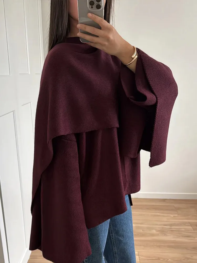 Pullover lavorato a maglia con colletto a sciarpa bordeaux elegante da donna Maglione allentato a maniche lunghe solido alla moda Capispalla caldi femminili chic autunnali