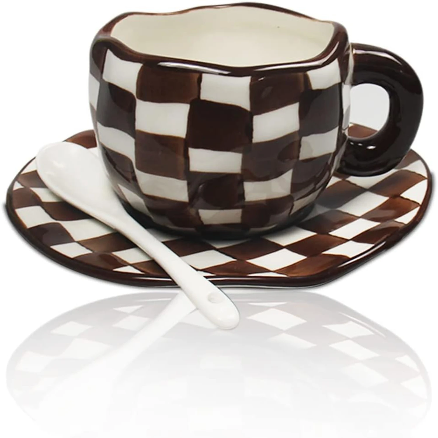 Porcelain Cappuccino Cups with Saucers, Hand Painted Checkerboard Coffee Cup With Saucer, Ceramic , for Office and , Dishwasher 