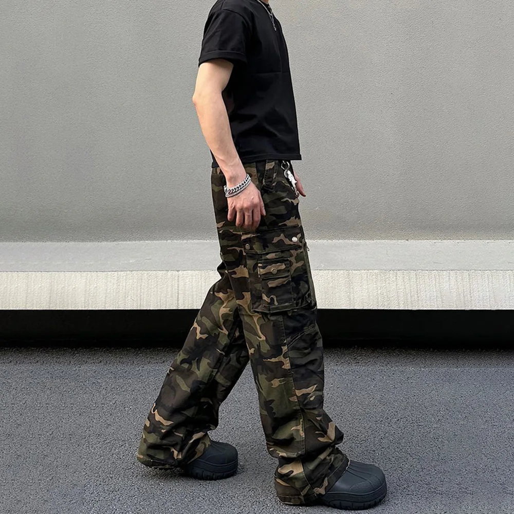 Mens Denim Trousers Vintage American Retro High Street Camouflage Functional Design Straight Durable Versatile Trousers Summer
