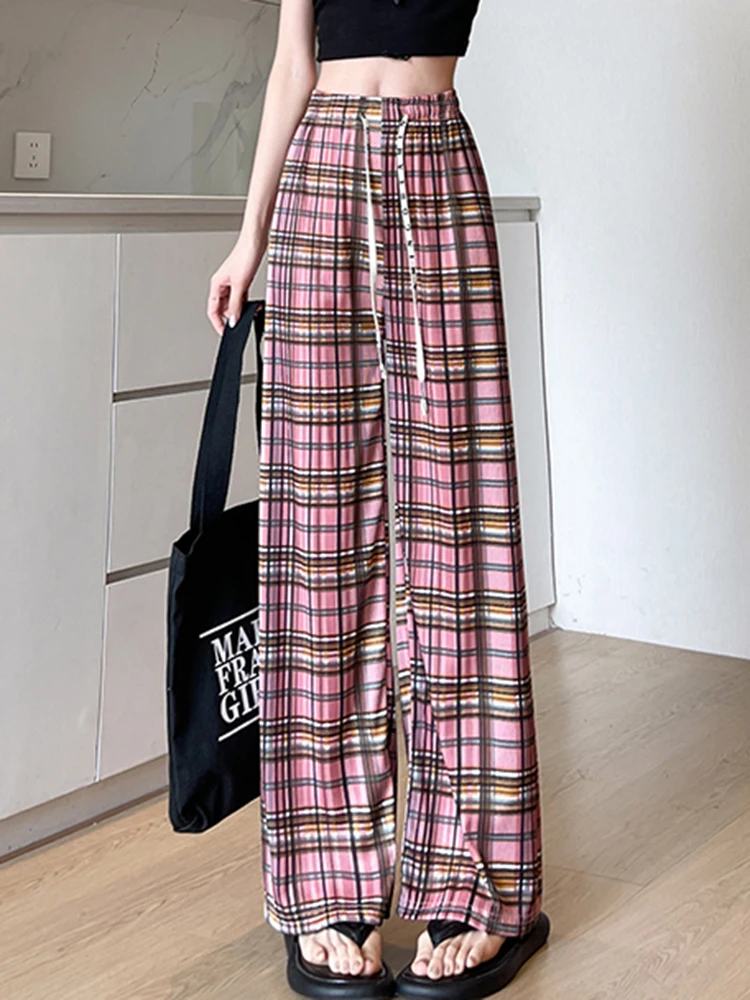 

Contrast Color Classic Plaid Summer Female Wide Leg Pants New Chic Drawstring Elastic High Waist Fashion Loose Basic Women Pants