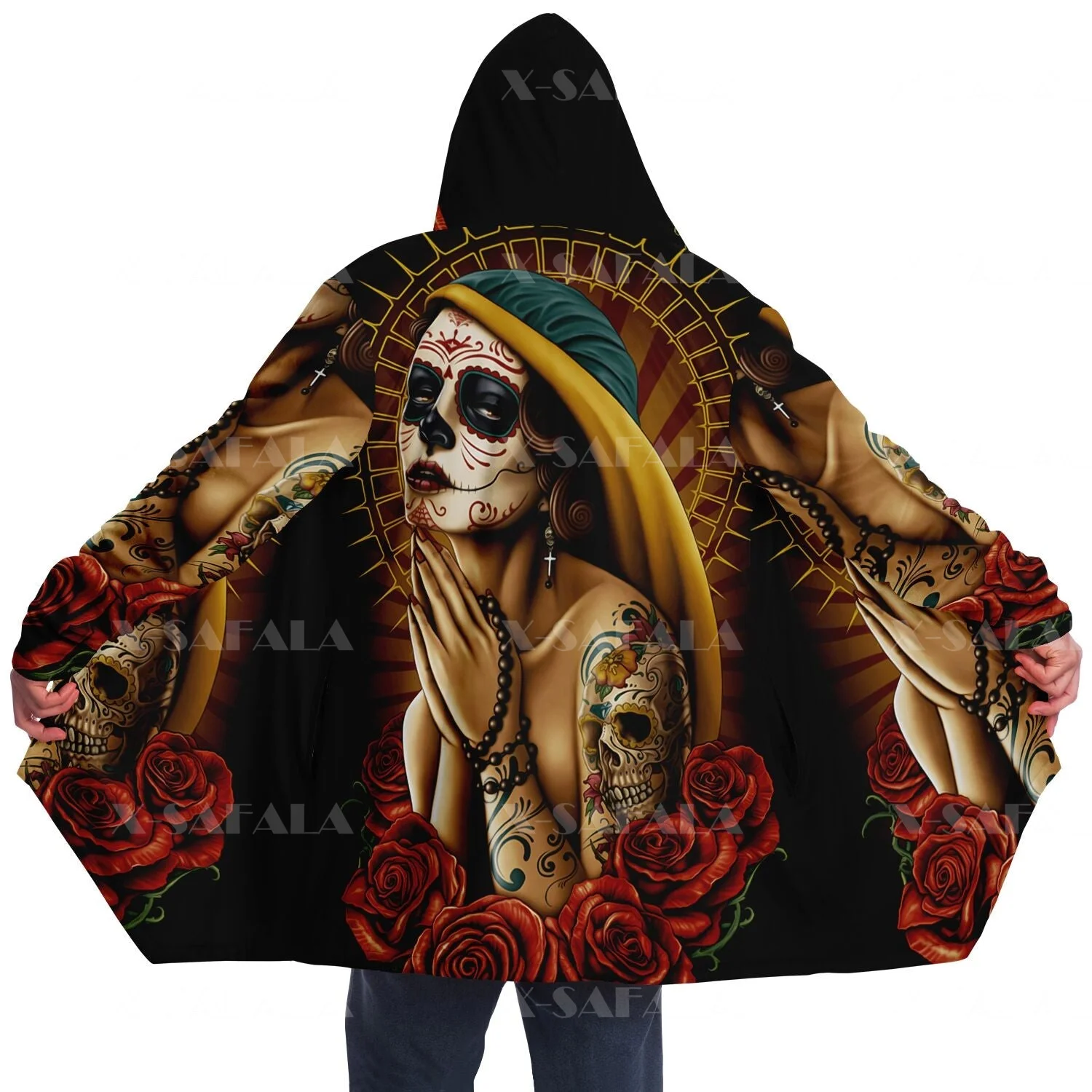 Thick Warm Hooded Cloak for Men Blood Skull Death Praying Overcoat Coat 3D Print Windproof Fleece Cape Robe Hooded Blanket-4