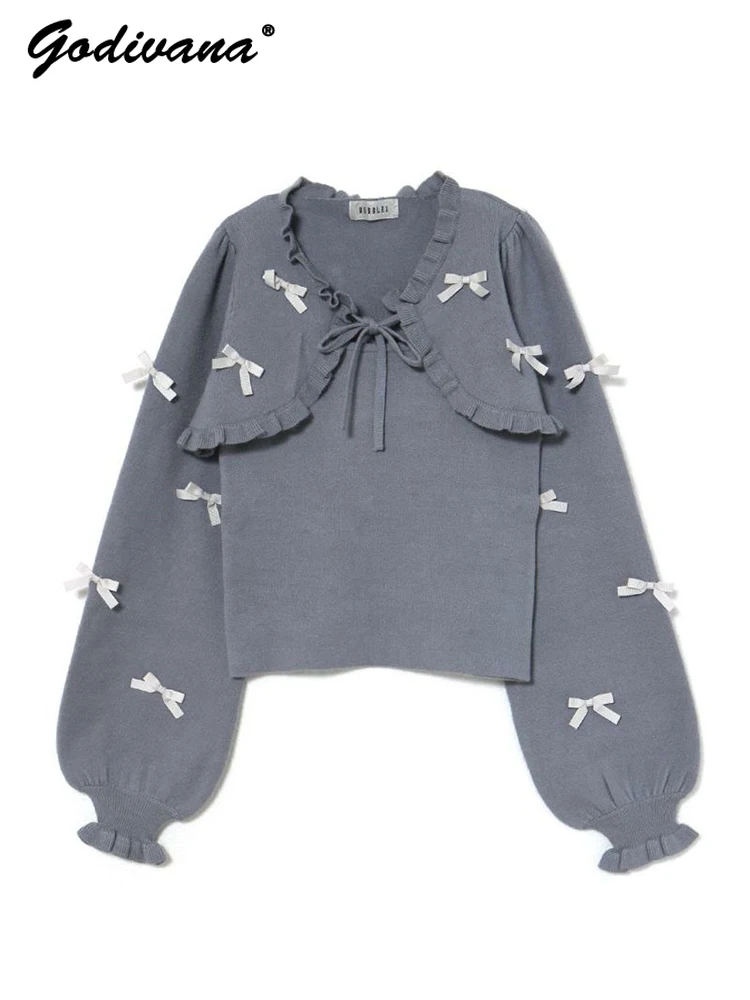 Japanese Style New Autumn Female Sweet Bow Fungus Edge Chest Strap Short Knitted Cardigan Suspender Vest Two-piece Set Sweaters