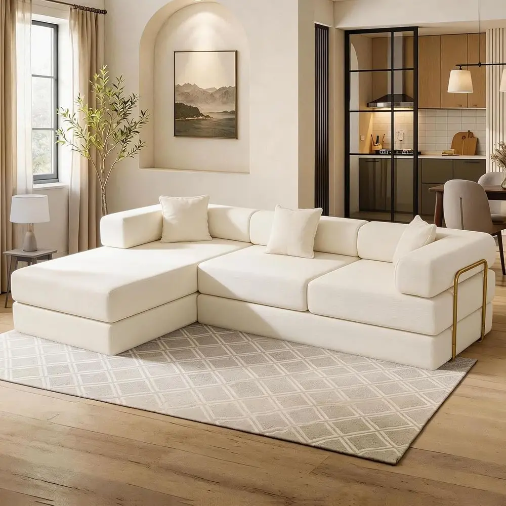 

108 L-Shaped Deep Seat Corduroy Sofa with Cloud Cushion, Living Room Bed, No Assembly Needed (Beige)