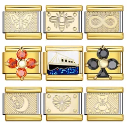 URING Creative Golden color Flower Bear Bees and Moon Italian Charm Link Fit 9mm Stainless Steel DIY Making Beads Bracelet