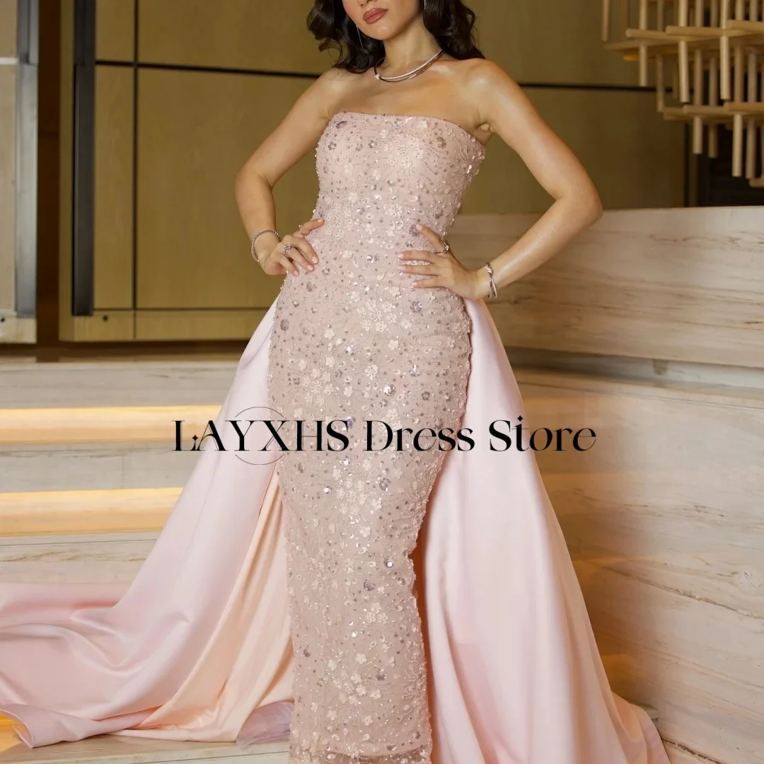 Layxhs lindo rosa glitter sereia vestidos de noite sem alças frisado tornozelo comprimento tribunal trem vestidos de baile personalizado