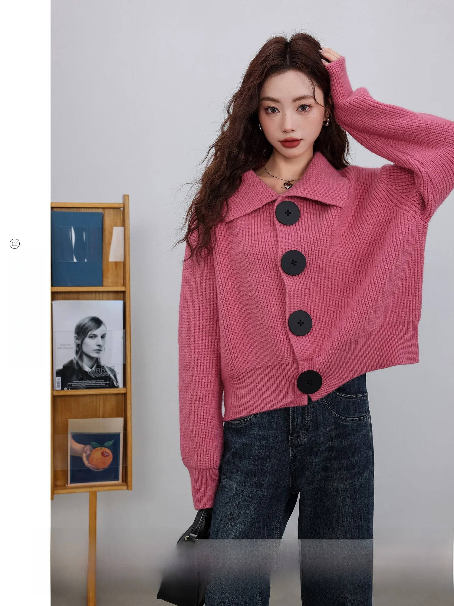 

Sweet Berries ternoon Tea Pink Knitted Loose Long Sve Turn-down Collar Sweater Women's Casual Sle Polyester Fiber