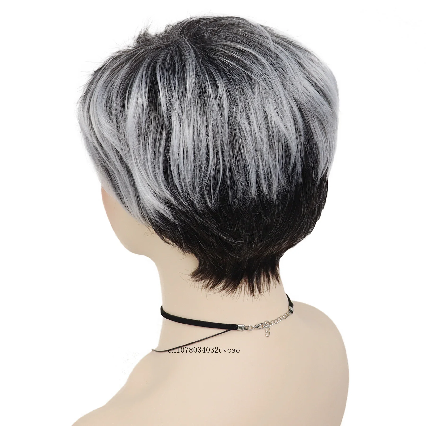 Synthetic Mix Grey Wig Silver Fox Short Pixie Cut Wigs for Women Dark Root Ombre Color Natural Straight Hair Mommy Wig with Bang