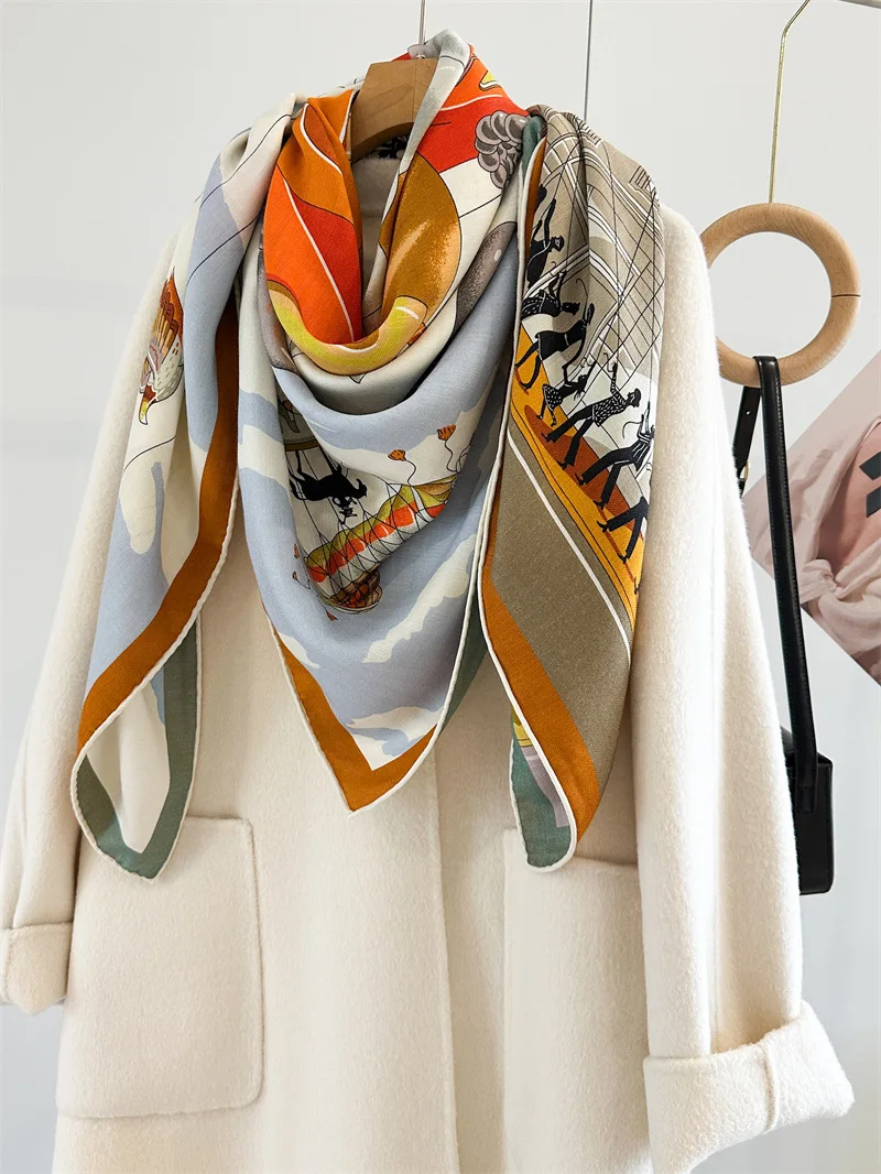 Двусторонний принт, большая шелковая шерстяная женская квадратная бандана, роскошный квадратный шарф-шаль для модных леди