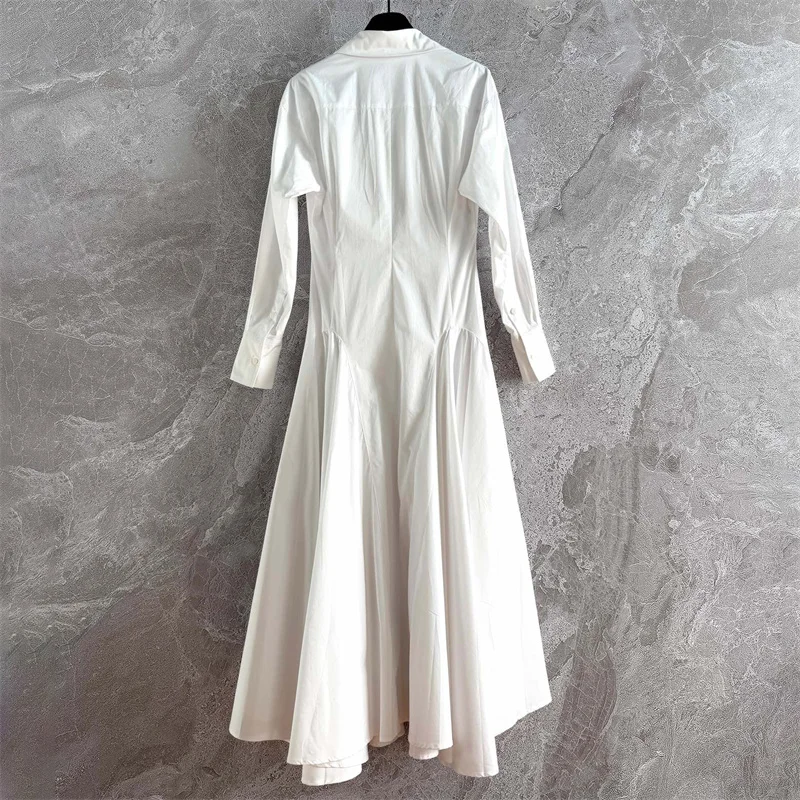 Vestidos femininos novo único breasted fino ajuste lapela vestido longo para o verão 2025 alta qualidade camisa de algodão puro vestido midi vestidos