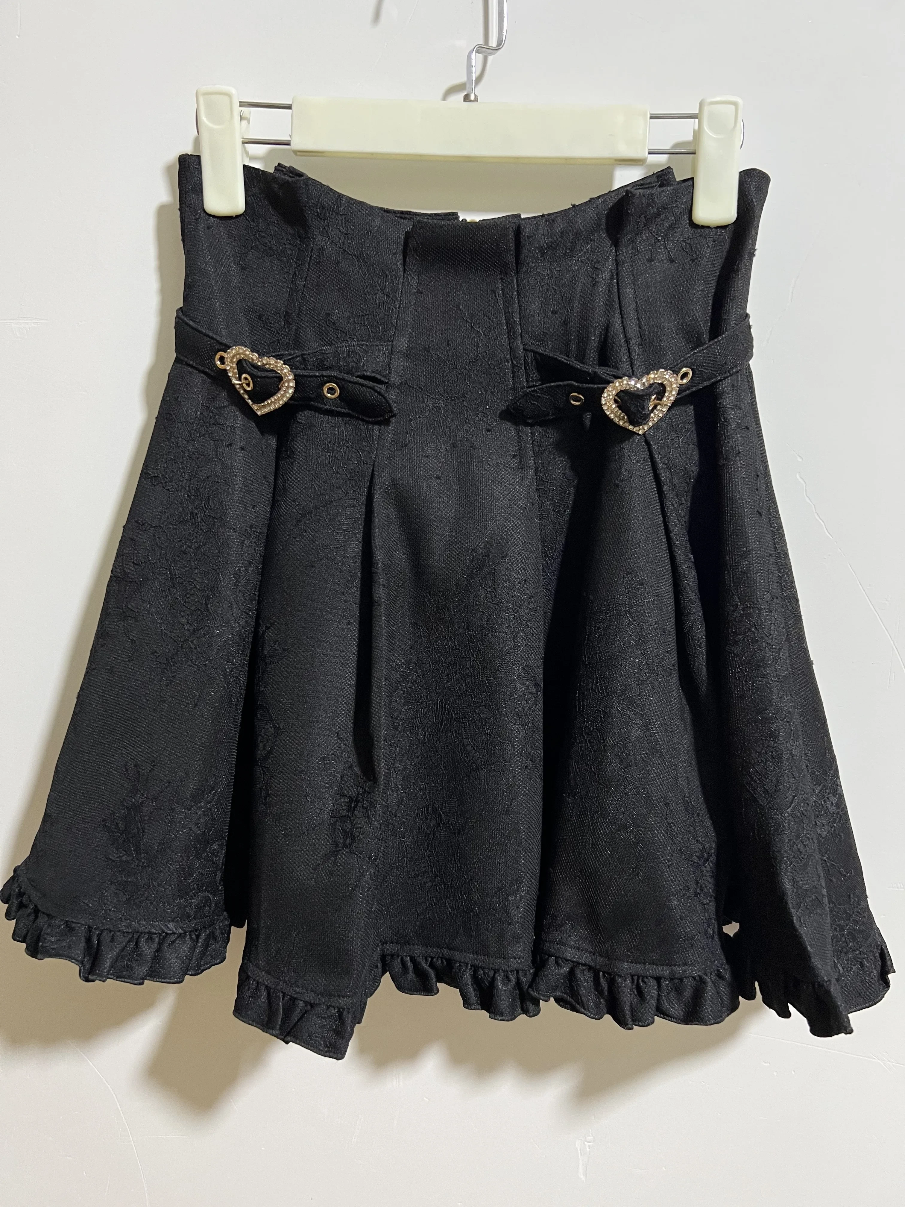 Rojita Mine Series Mass-Produced All-Match and Sweet Cute A-line Mini Skirt for Women Heart Buckle Rhinestone Black Short Skirt