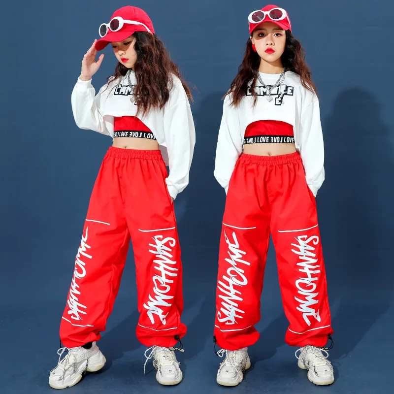 Hip Hop Meninas Coloridas Calças de Carga Crop Top Criança Streetwear Cheerleader Solid Joggers Crianças Jazz Street Dance Stage Clothes Sets