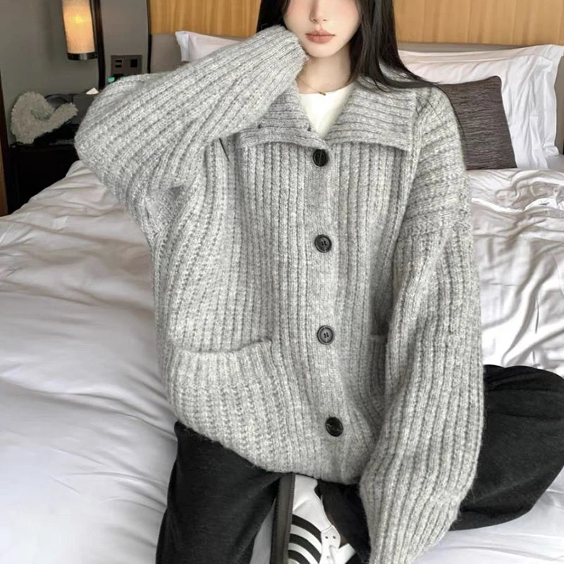 Loose Lazy Sweater Women Twist Fashion Knit Autumn Winter Warm Cardigan Harajuku Stand Collar Gray Vintage Female Jumpers