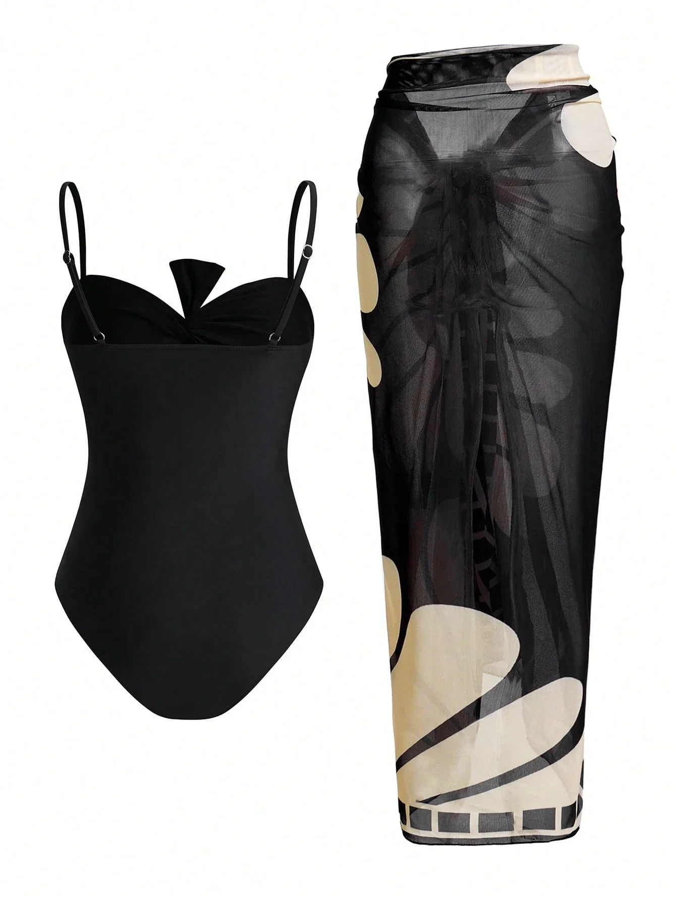 

Black One-Piece Bathing Suit With Sheer Floral Print Wrap Skirt For Summer Beach Wear