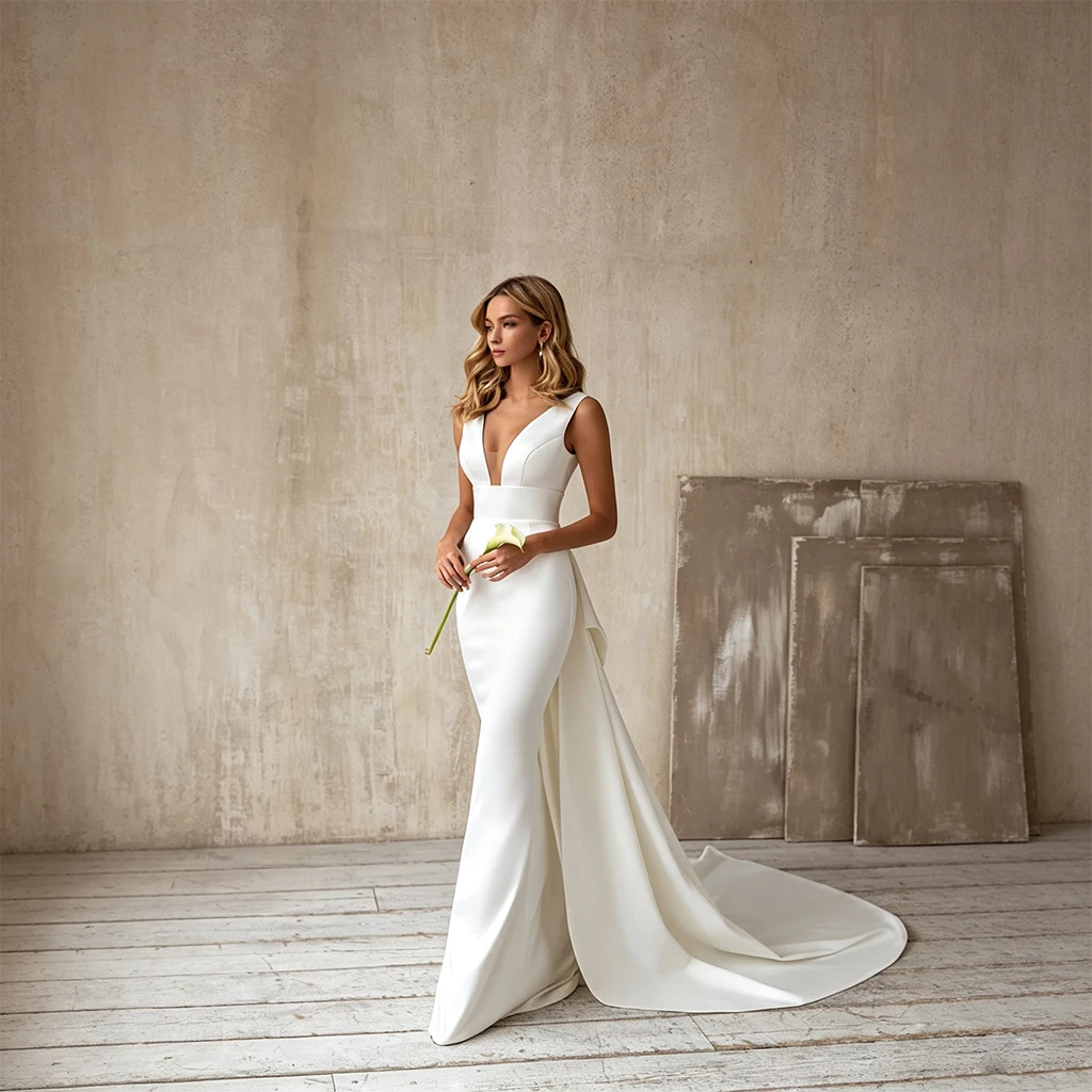 Meerjungfrauen-Satin-Brautkleid mit tiefem V-Ausschnitt, ärmellos, breiten Trägern, offenem Rücken, großer Schleife und langer Schleppe – Elegantes Brautkleid für Hochzeiten
