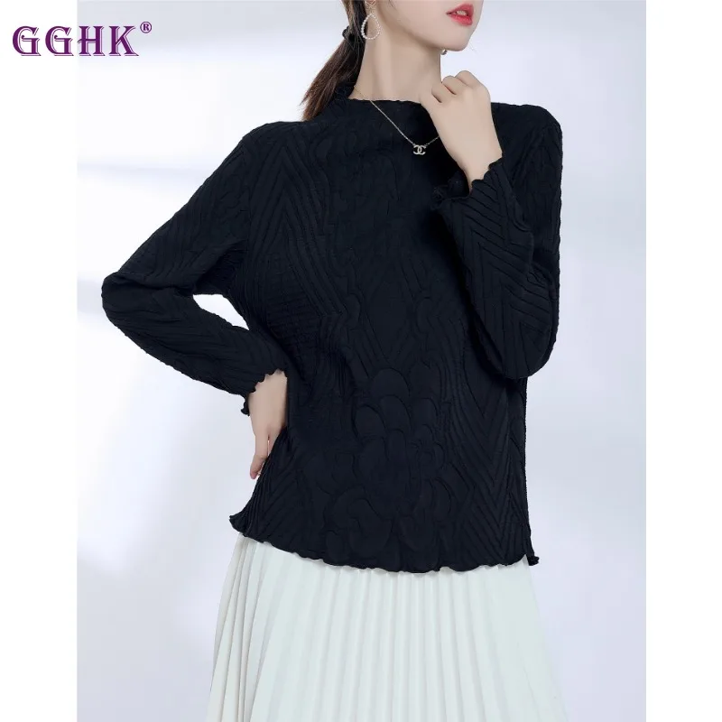 

GGHK Miyake Pleated Printing Design Women Long-sleeved T-shirt Fall and Winter New Korean Version Fashion Retro Solid Color Tops