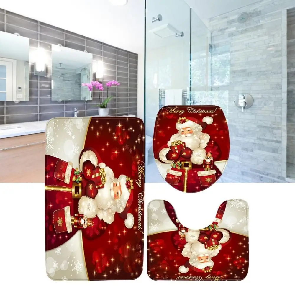U-Shaped Design Bathroom Mat Set 3-Piece Set Anti-Slip Surface Toilet Floor Mat Watercolor Print Soft Texture Toilet Cover Set