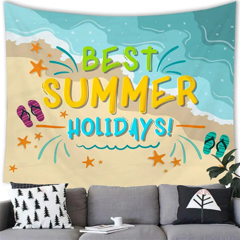 

Hello Summer Tapestry Starfish Beach Surfboard Cartoon Style Printing Wall Hanging Decor for Bedroom Living Room Dorm