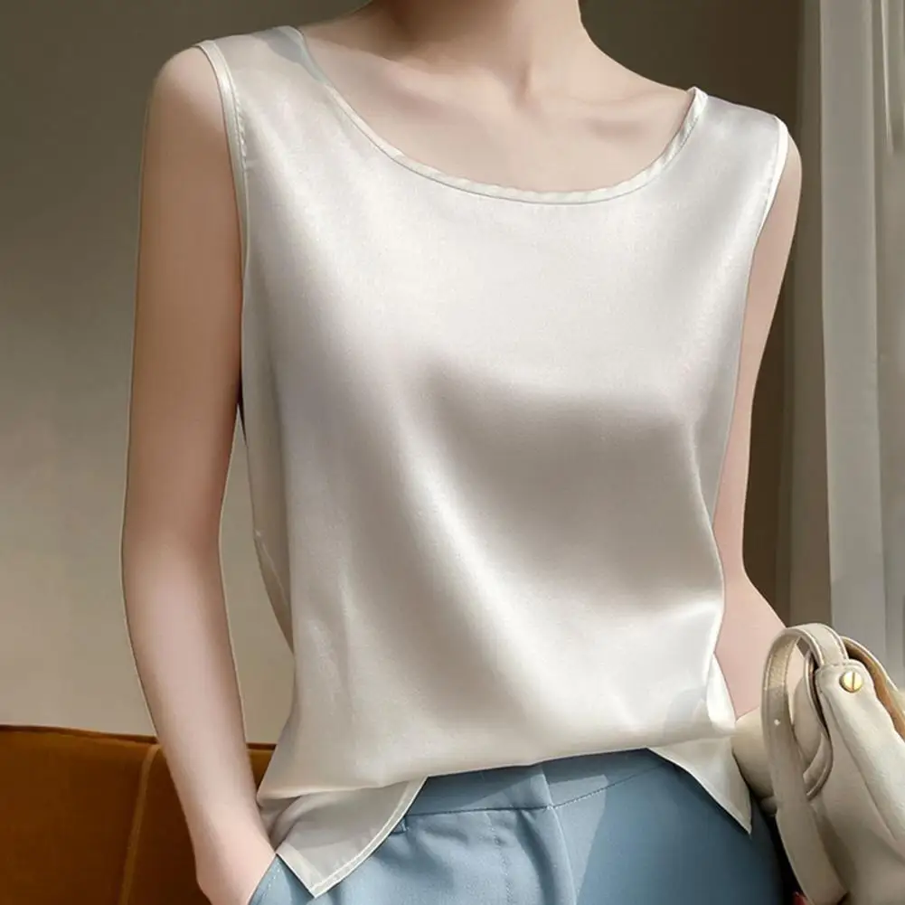 

Women Summer Vest Round Neck Sleeveless Smooth Silk Satin Vest Tank Tops Casual Acetate satin Camisole Women Crop Tops топ