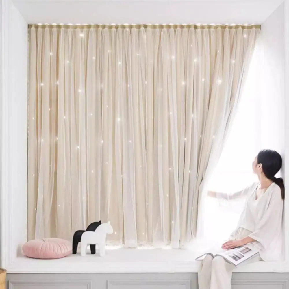 

1 Pc Non-perforated Hollow Star Curtain Double Layer Washable Stars Blackout Curtains Detachable Self-Adhesive Windows Drapes