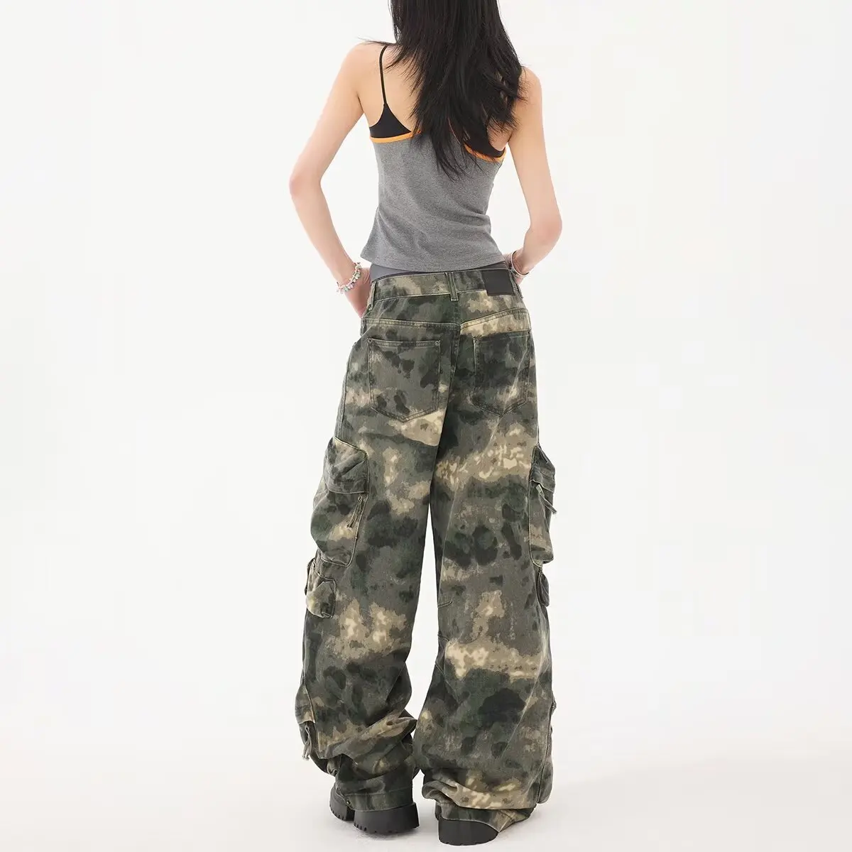 Mulheres y2k camuflagem carga jeans vintage cintura alta hip hop calças de perna larga multi bolsos feminino baggy calças jeans retas