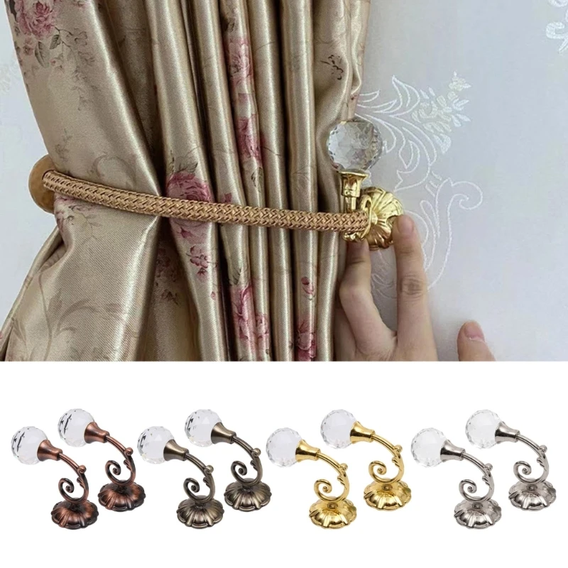 2Pcs Metal Curtain Holdback Wall Mounted Drapery Tiebacks with Crystal Ball Decorative Window Drapery Curtain Holder Decoration