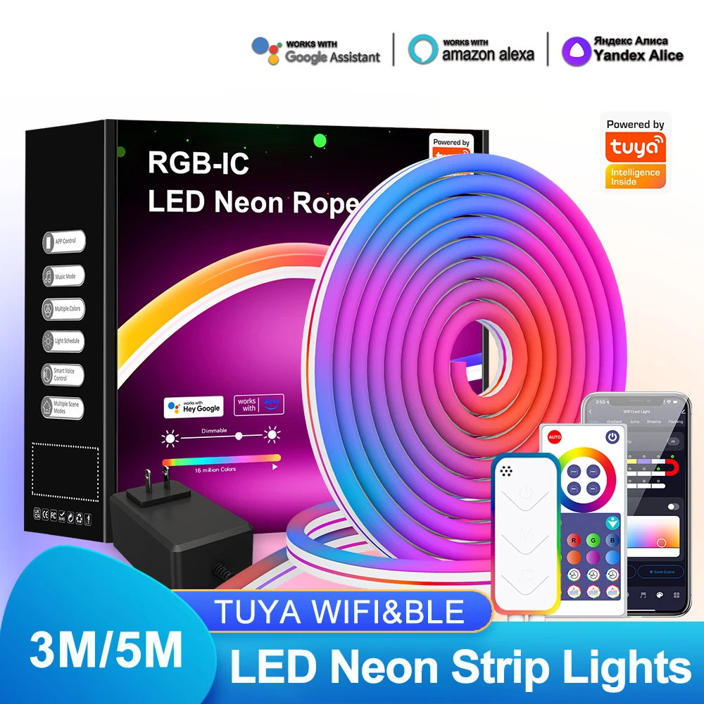 

DC12V LED Neon Strip Light 3M/5M Tuya Smart RGBIC Neon Rope Lights Chasing Effect WIFI Flexible Tape Work with Alexa Google Home