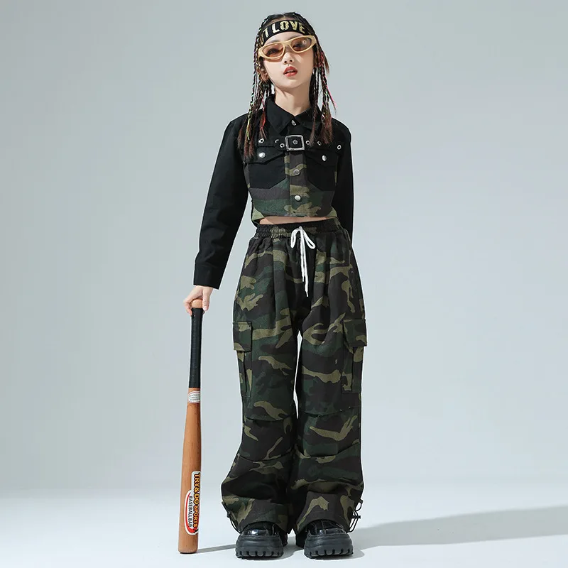 Kid Cool Hip Hop Clothing Black Shirt Crop Top Camouflage Casual Wide Pockets Cargo Pants for Girls Jazz Dance Costume Clothes