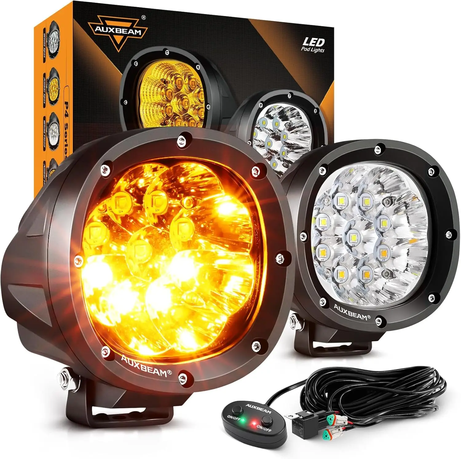 

6 Modes Amber White Round LED Pods, 4 Inch 90W Flashing Offroad Strobe Lights for ATV Truck Pair