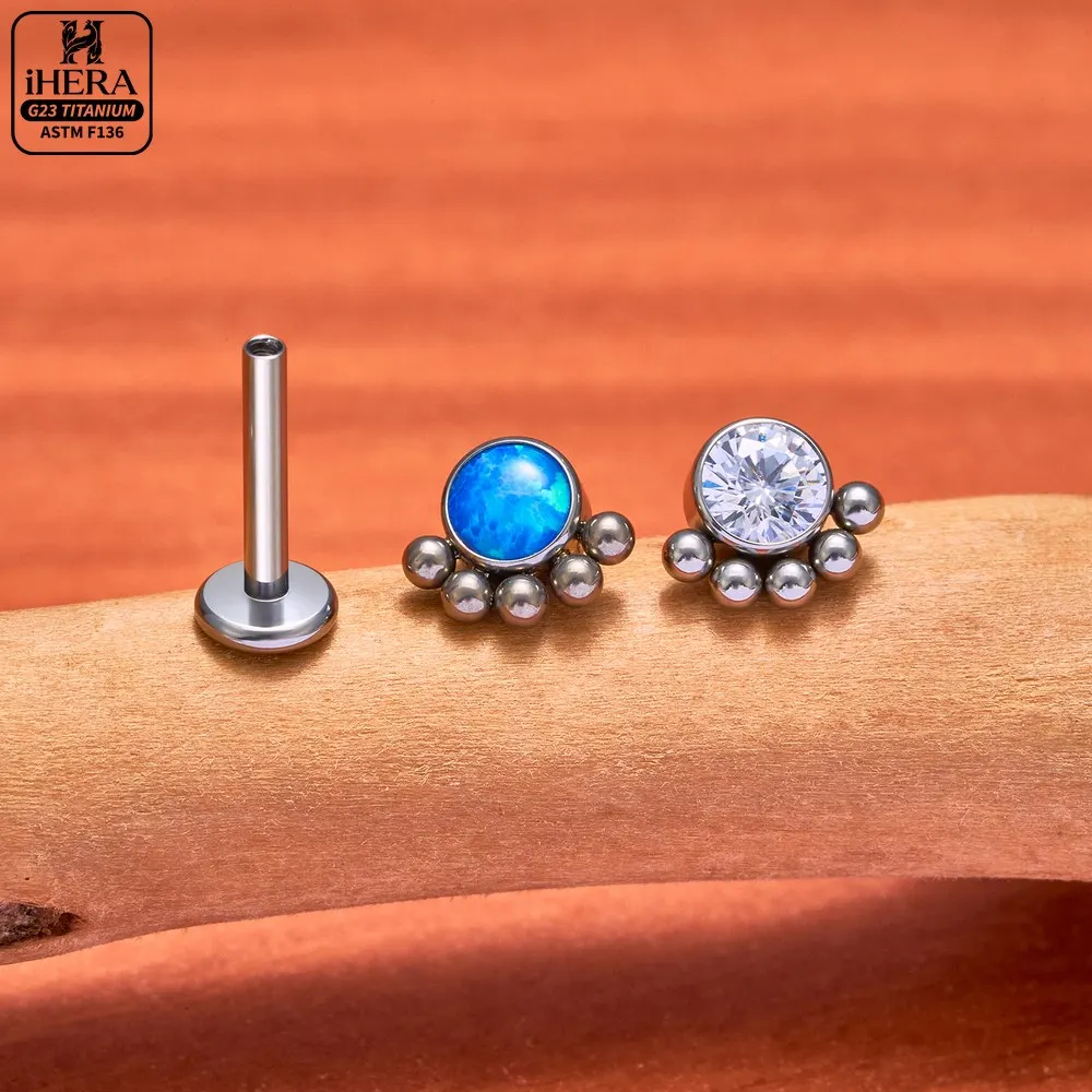 ASTM F136 Titanium Opal Bead Labret Stud Lip Tragus Helix Conch Ear Piercing Internal Threading Wholesale Body Jewelry Flat Back