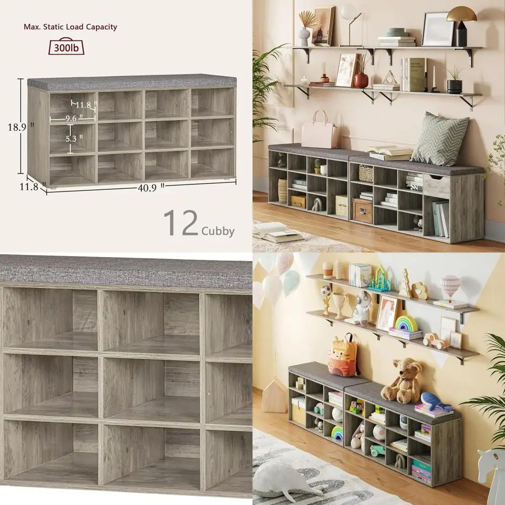 Panca portascarpe grigia Wash da 12 pezzi con cuscino, scaffale regolabile per ingresso, guardaroba e spazi abitativi