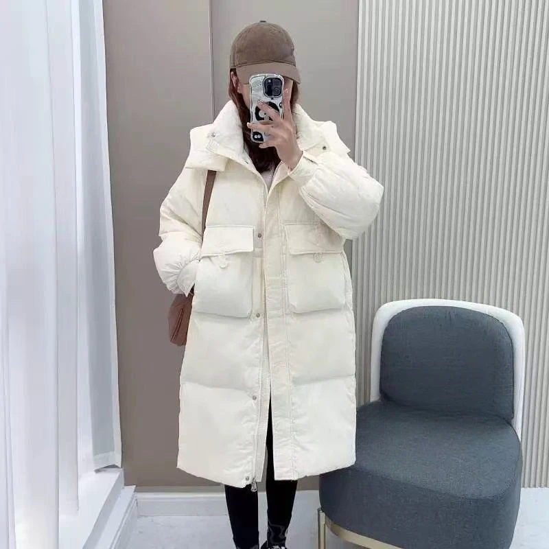 

2025 New Arrival Women's Long Puffer Jacket with Stereoscopic Pockets Plus Size Down Coat Hooded Waist Fitted Warm Fashionable