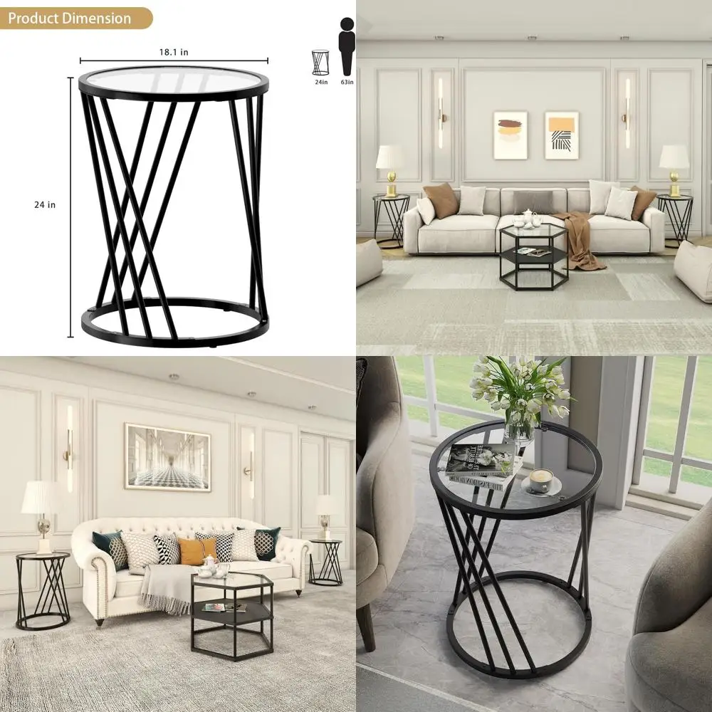 

Contemporary Glass Top End Table with Black Metal Frame, Ideal for Living Rooms, Offices, and Bedrooms, Space-Saving Design, Eas