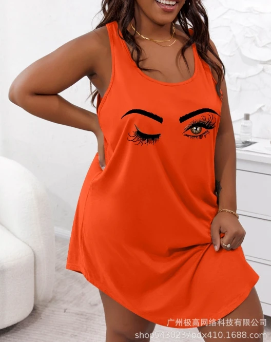 2024 Summer Temperament Commuting Style U-neck Sleeveless Large Women's Fashion Printed Tank Top Sleeping Dress