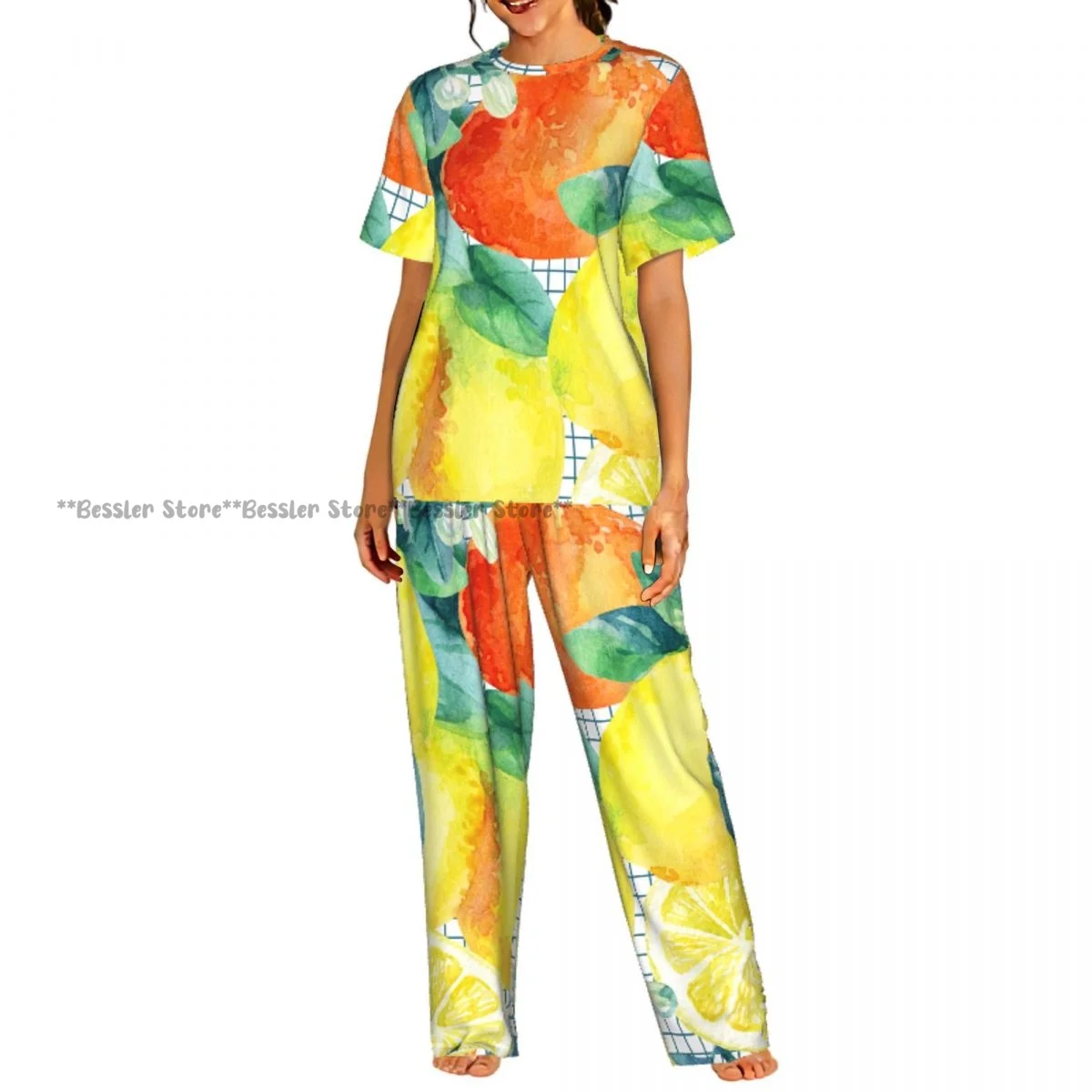 

Женский пижамный комплект с принтом мандарина, лимона, листьев и цветов, с короткими рукавами, 2 предмета, домашняя одежда, одежда для отдыха