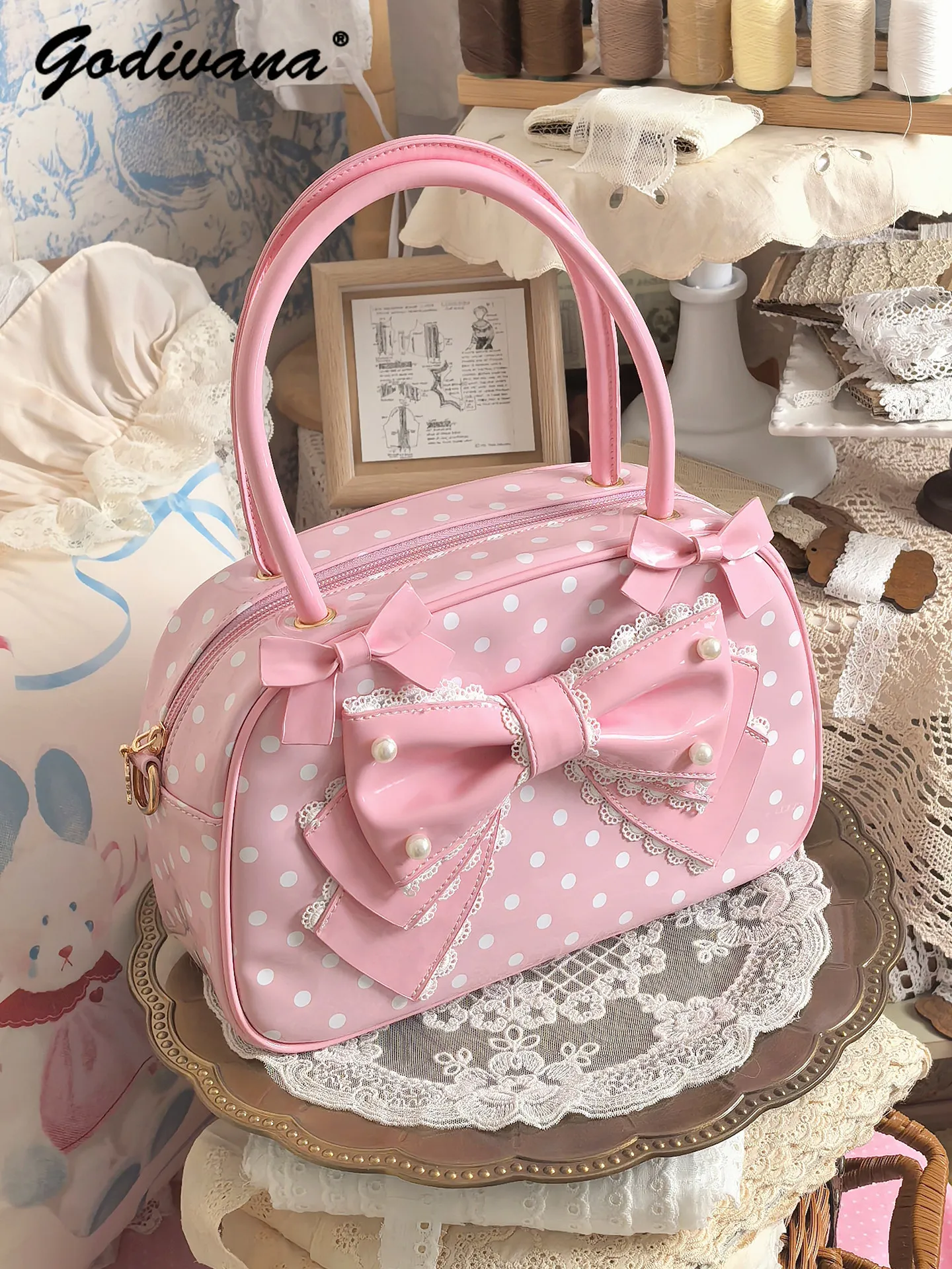 Original Polka Dot Lolita Bowknot Cute Handbag Girl Women's Sweet Polka Dot Small Leather Bag Leather Totes