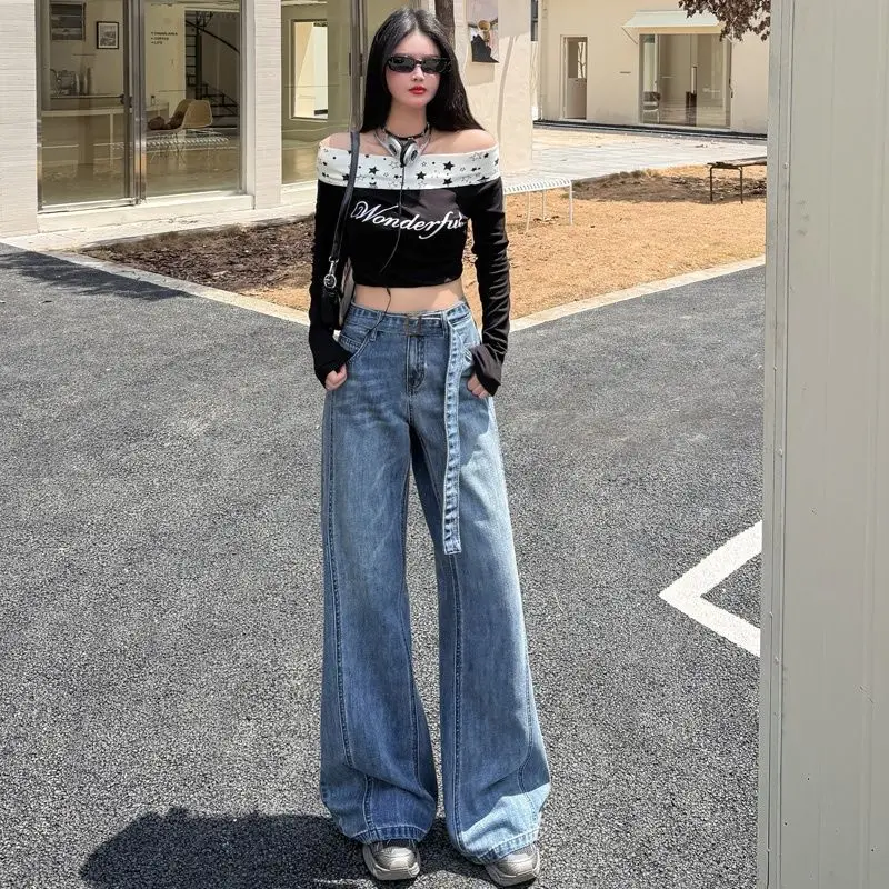 

Джинсы-клеш женские в американском ретро-стиле с эффектом похудения, широкие штанины, с поясом, повседневные, из хлопка и полиэстера, деним