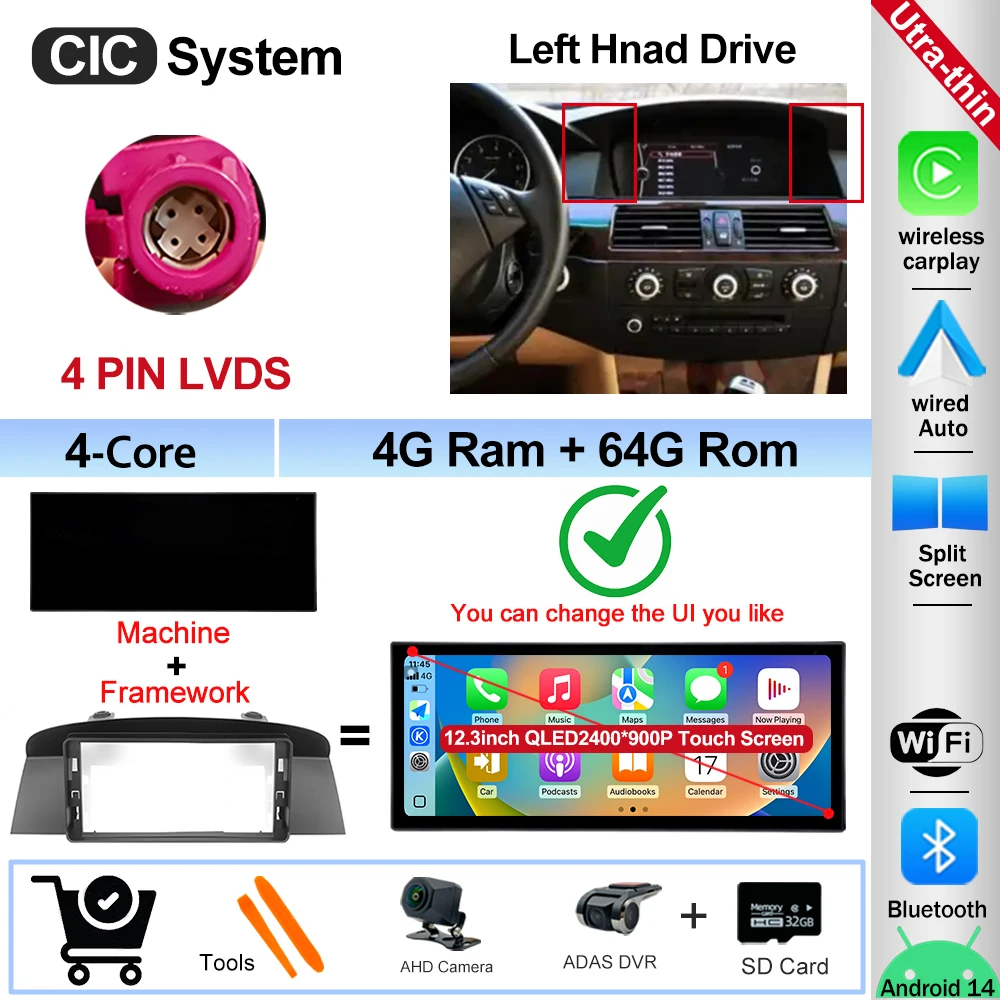 12.3" Ultra-thin Screen Android 16 BT for BMW 5 Series E60 E61 E62 2004-2008 CIC CCC System 4G Car Radio Video Multimedia Player image 3